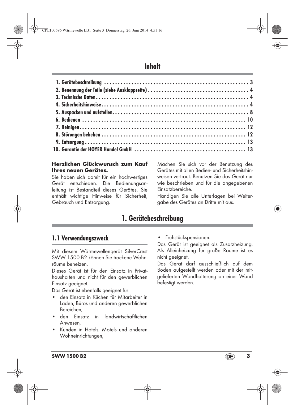 Inhalt, Gerätebeschreibung, 1 verwendungszweck | Silvercrest SWW 1500 B2 User Manual | Page 5 / 58