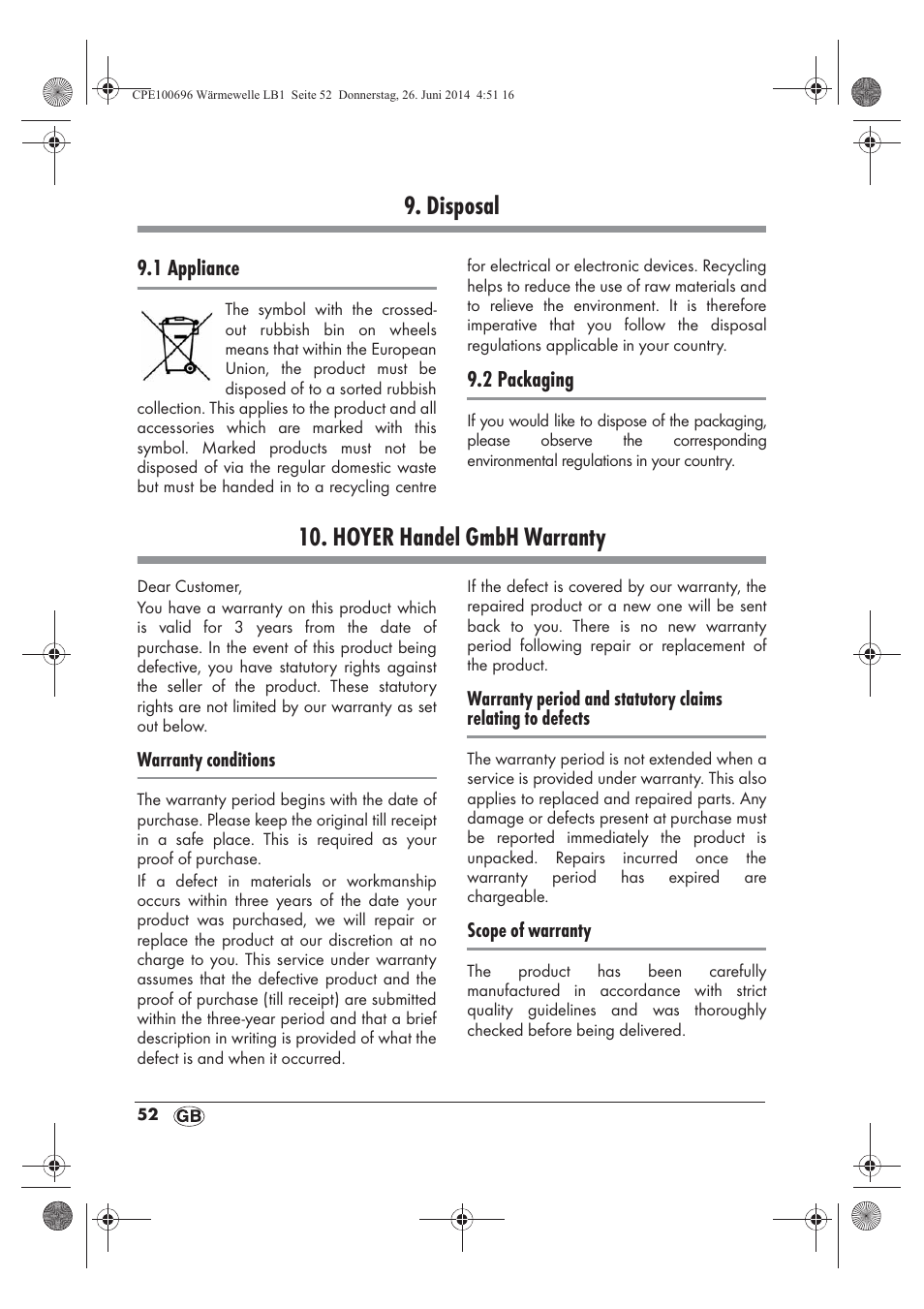 Disposal, Hoyer handel gmbh warranty | Silvercrest SWW 1500 B2 User Manual | Page 54 / 58