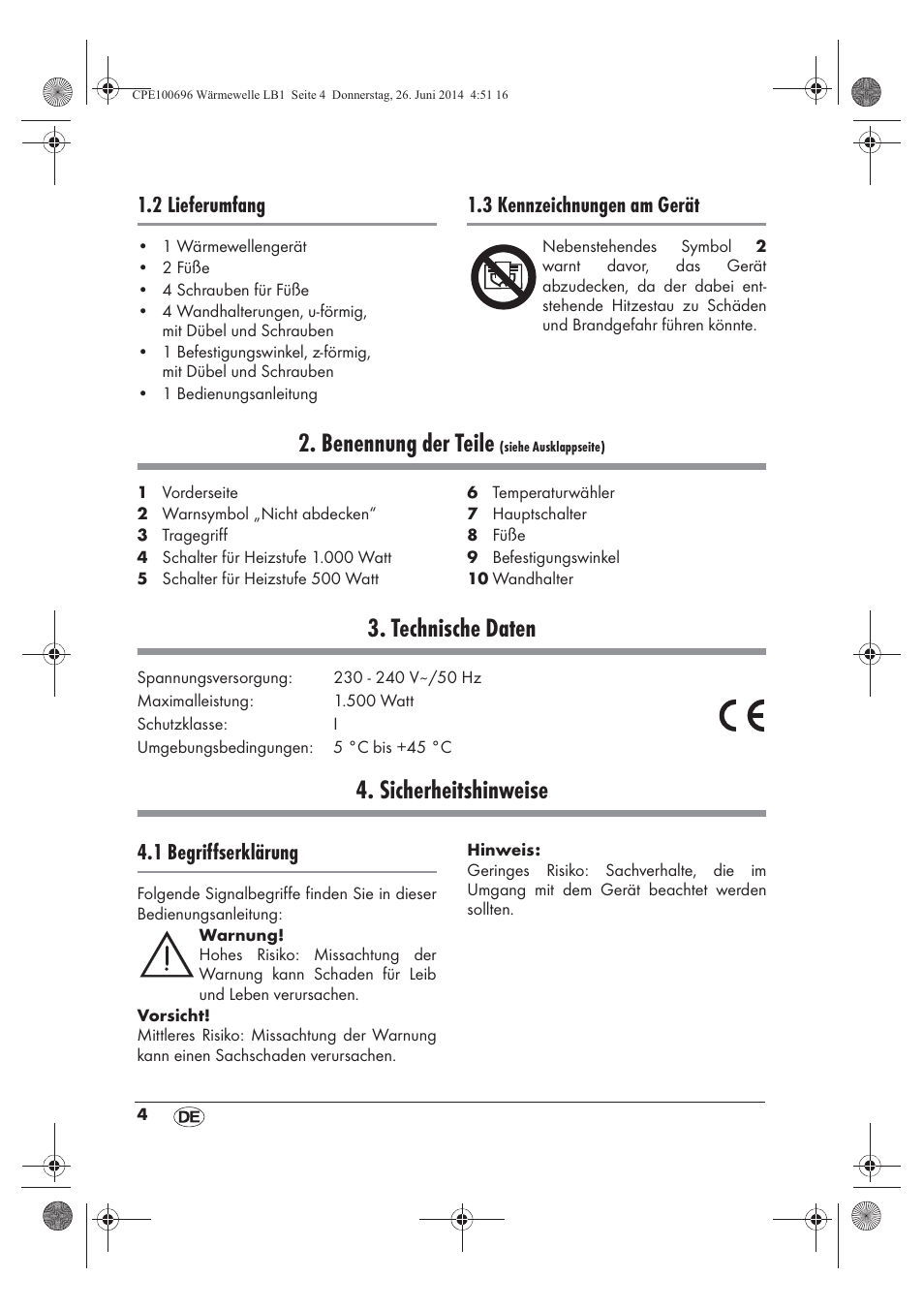 Benennung der teile, Technische daten, Sicherheitshinweise | 2 lieferumfang, 3 kennzeichnungen am gerät, 1 begriffserklärung | Silvercrest SWW 1500 B2 User Manual | Page 6 / 58