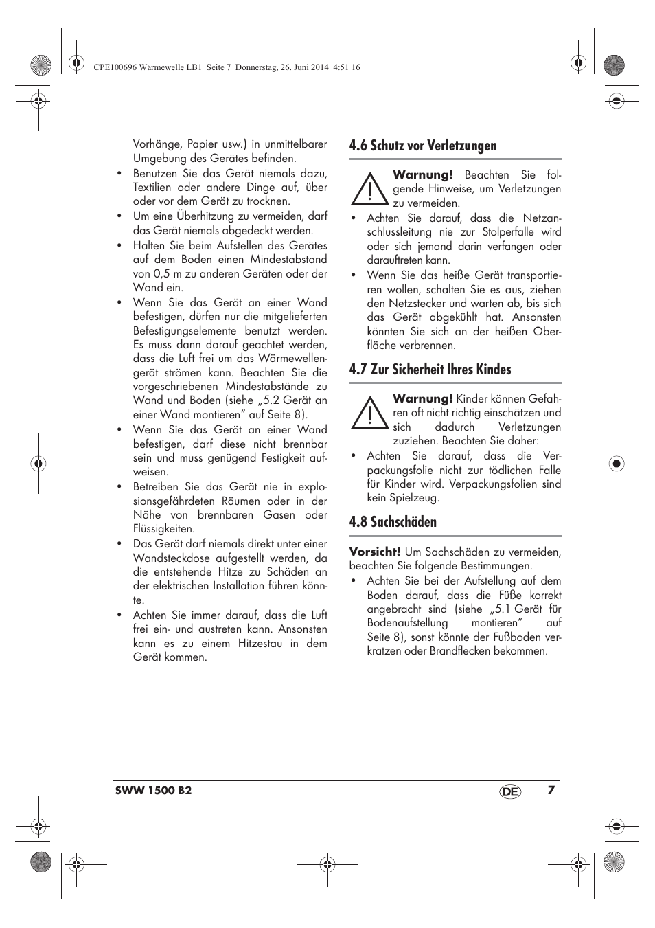 6 schutz vor verletzungen, 7 zur sicherheit ihres kindes, 8 sachschäden | Silvercrest SWW 1500 B2 User Manual | Page 9 / 58