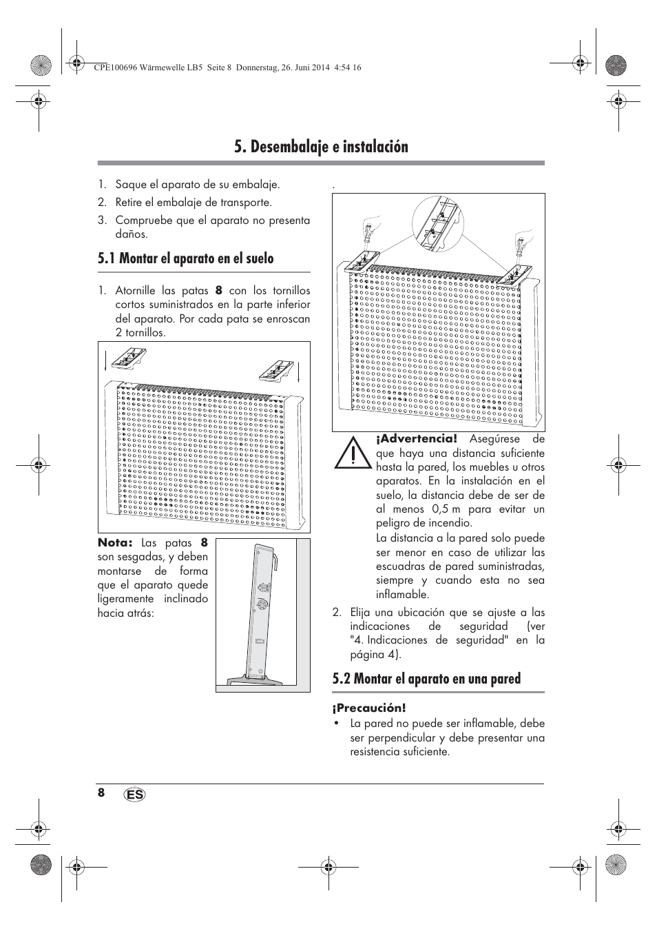 Desembalaje e instalación, 1 montar el aparato en el suelo, 2 montar el aparato en una pared | Silvercrest SWW 1500 B2 User Manual | Page 10 / 70