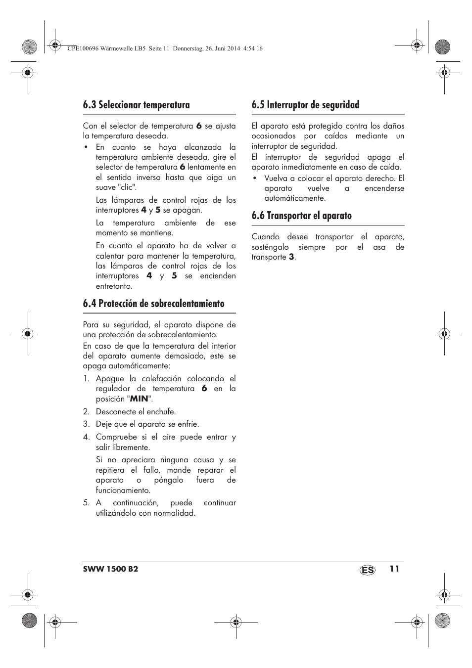 3 seleccionar temperatura, 4 protección de sobrecalentamiento, 5 interruptor de seguridad | 6 transportar el aparato | Silvercrest SWW 1500 B2 User Manual | Page 13 / 70