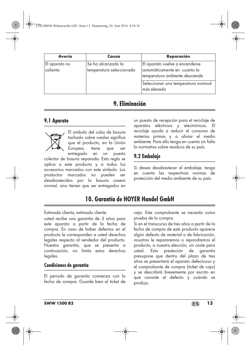 Eliminación, Garantía de hoyer handel gmbh, 1 aparato | 2 embalaje | Silvercrest SWW 1500 B2 User Manual | Page 15 / 70