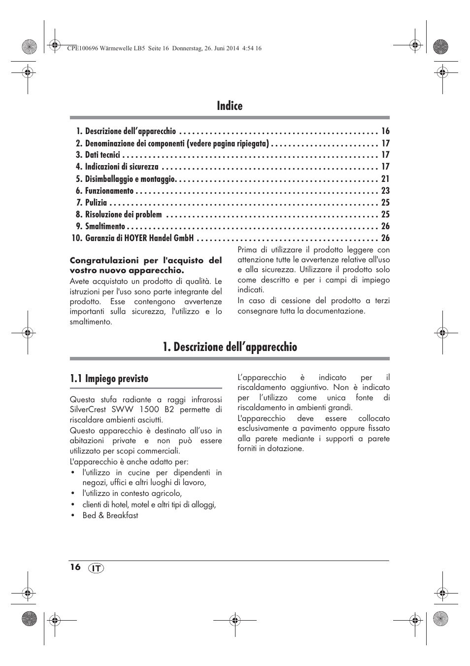 Indice, Descrizione dell’apparecchio | Silvercrest SWW 1500 B2 User Manual | Page 18 / 70