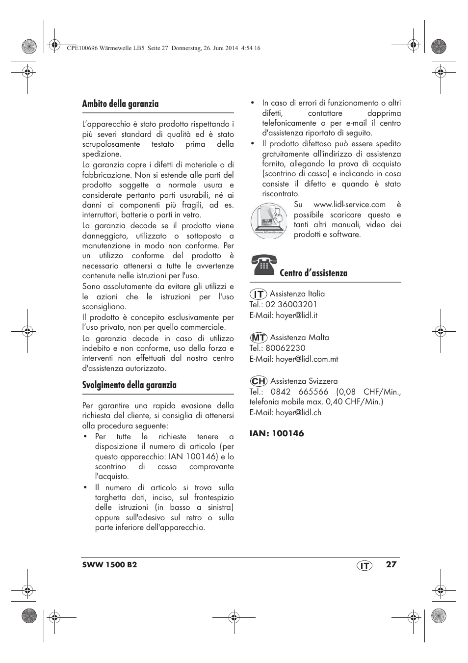 Ambito della garanzia, Svolgimento della garanzia, Centro d’assistenza | Silvercrest SWW 1500 B2 User Manual | Page 29 / 70