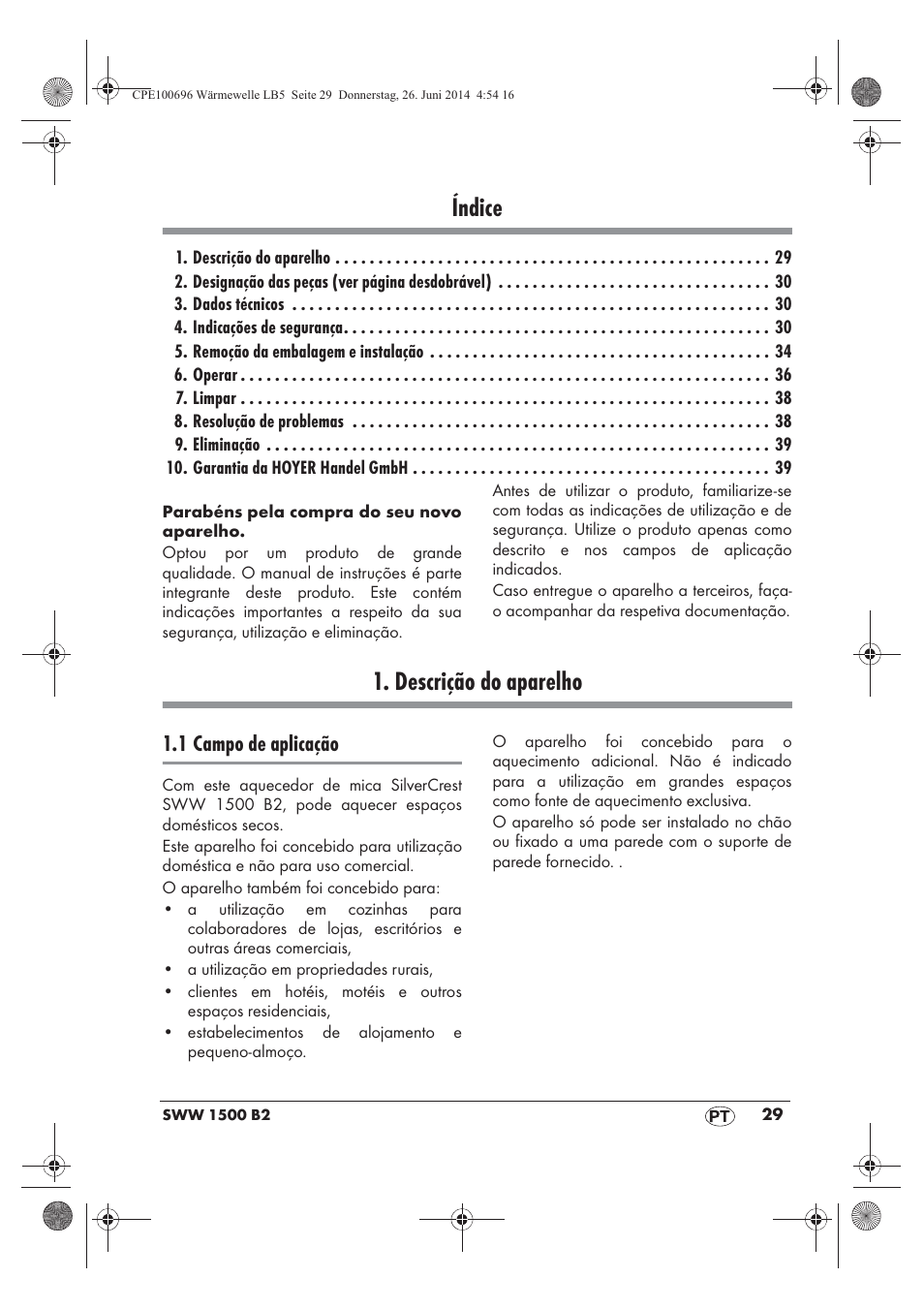 Índice, Descrição do aparelho, 1 campo de aplicação | Silvercrest SWW 1500 B2 User Manual | Page 31 / 70