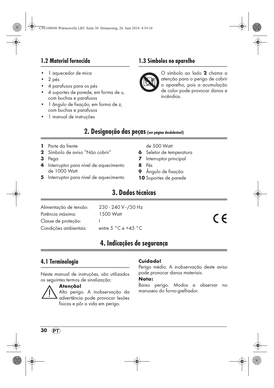 Designação das peças, Dados técnicos, Indicações de segurança | 2 material fornecido, 3 símbolos no aparelho, 1 terminologia | Silvercrest SWW 1500 B2 User Manual | Page 32 / 70