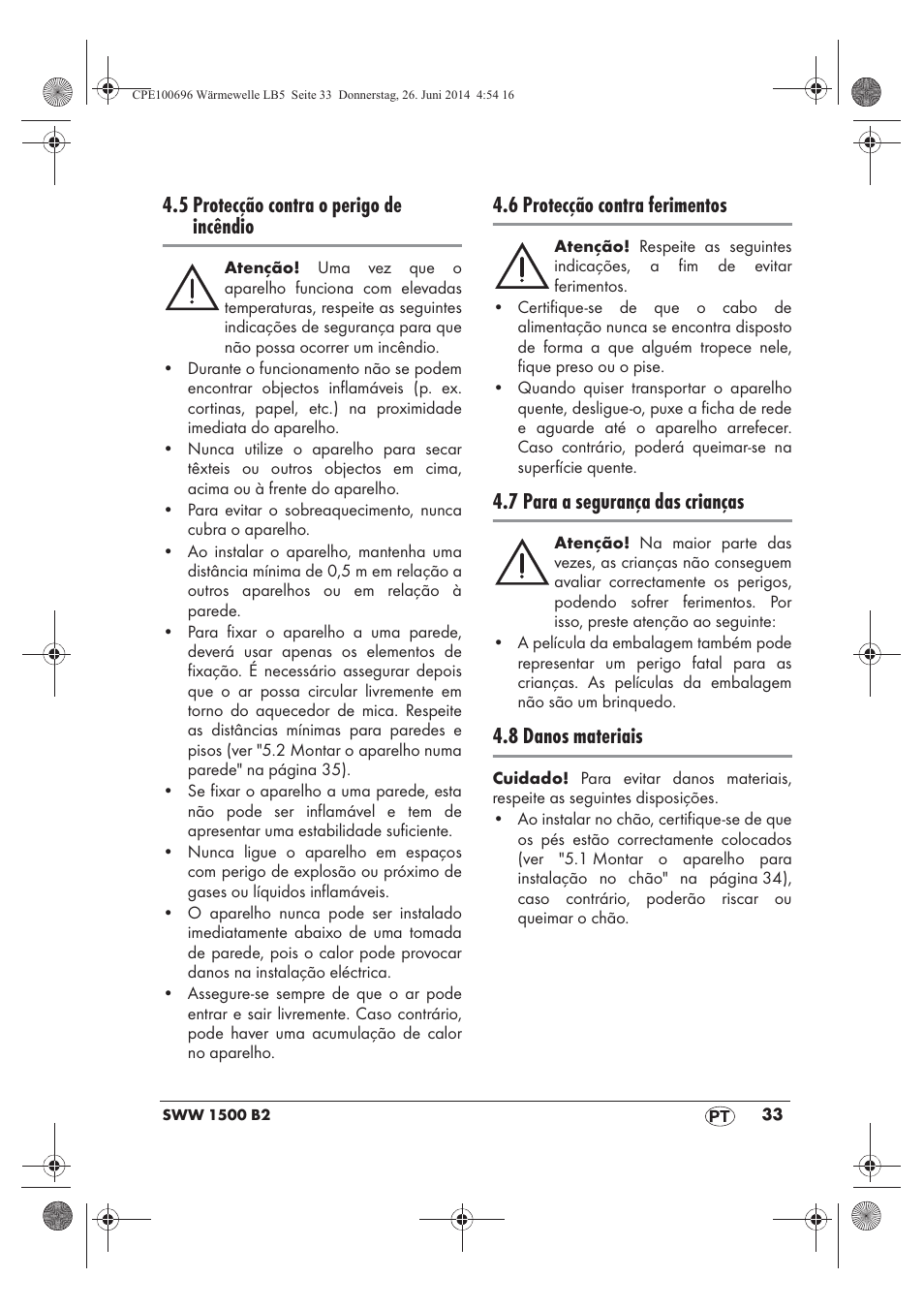 5 protecção contra o perigo de incêndio, 6 protecção contra ferimentos, 7 para a segurança das crianças | 8 danos materiais | Silvercrest SWW 1500 B2 User Manual | Page 35 / 70