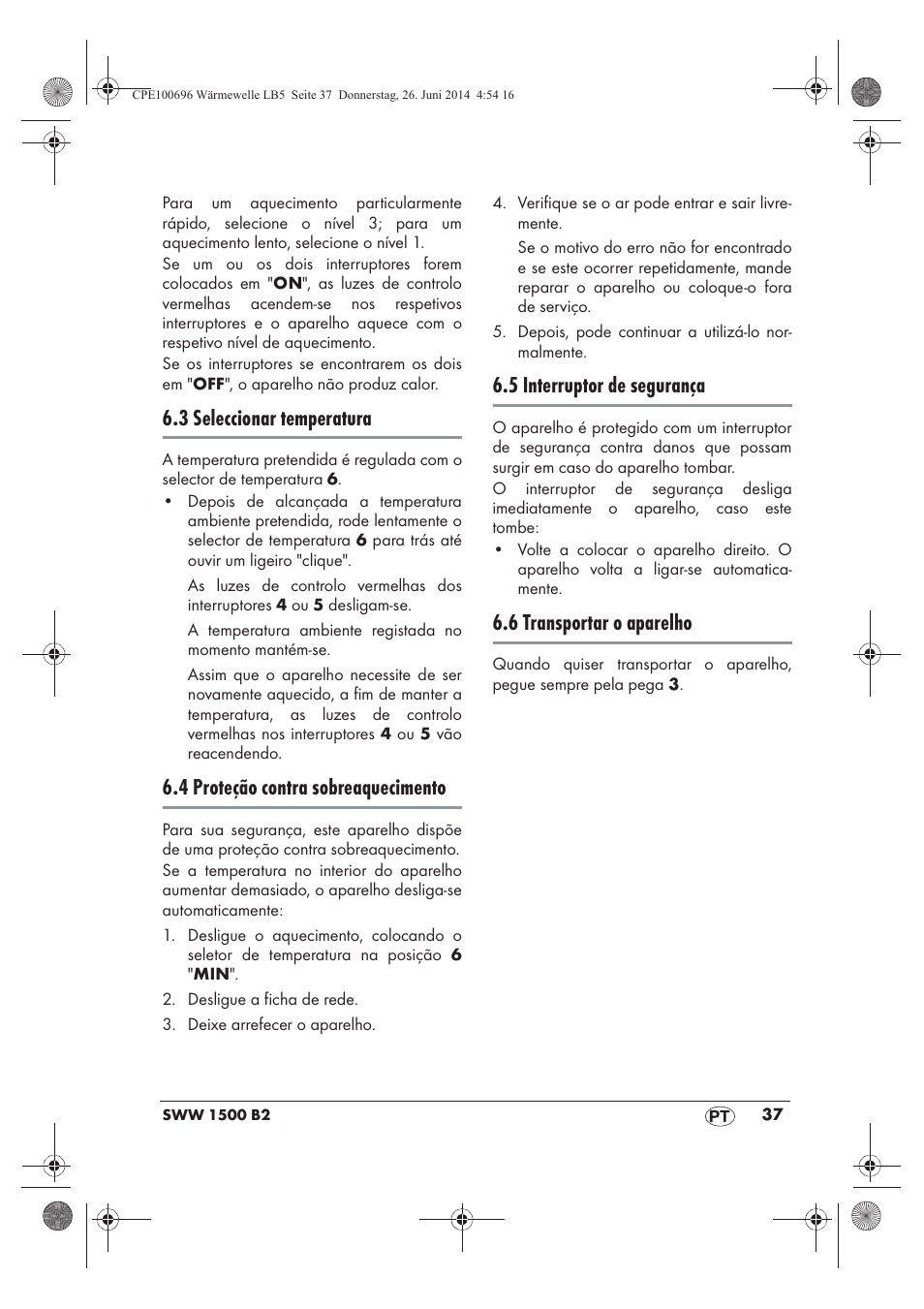 3 seleccionar temperatura, 4 proteção contra sobreaquecimento, 5 interruptor de segurança | 6 transportar o aparelho | Silvercrest SWW 1500 B2 User Manual | Page 39 / 70