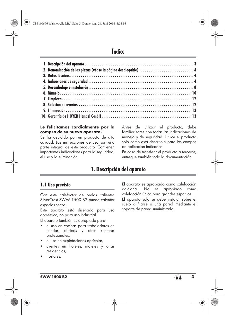Índice, Descripción del aparato, 1 uso previsto | Silvercrest SWW 1500 B2 User Manual | Page 5 / 70