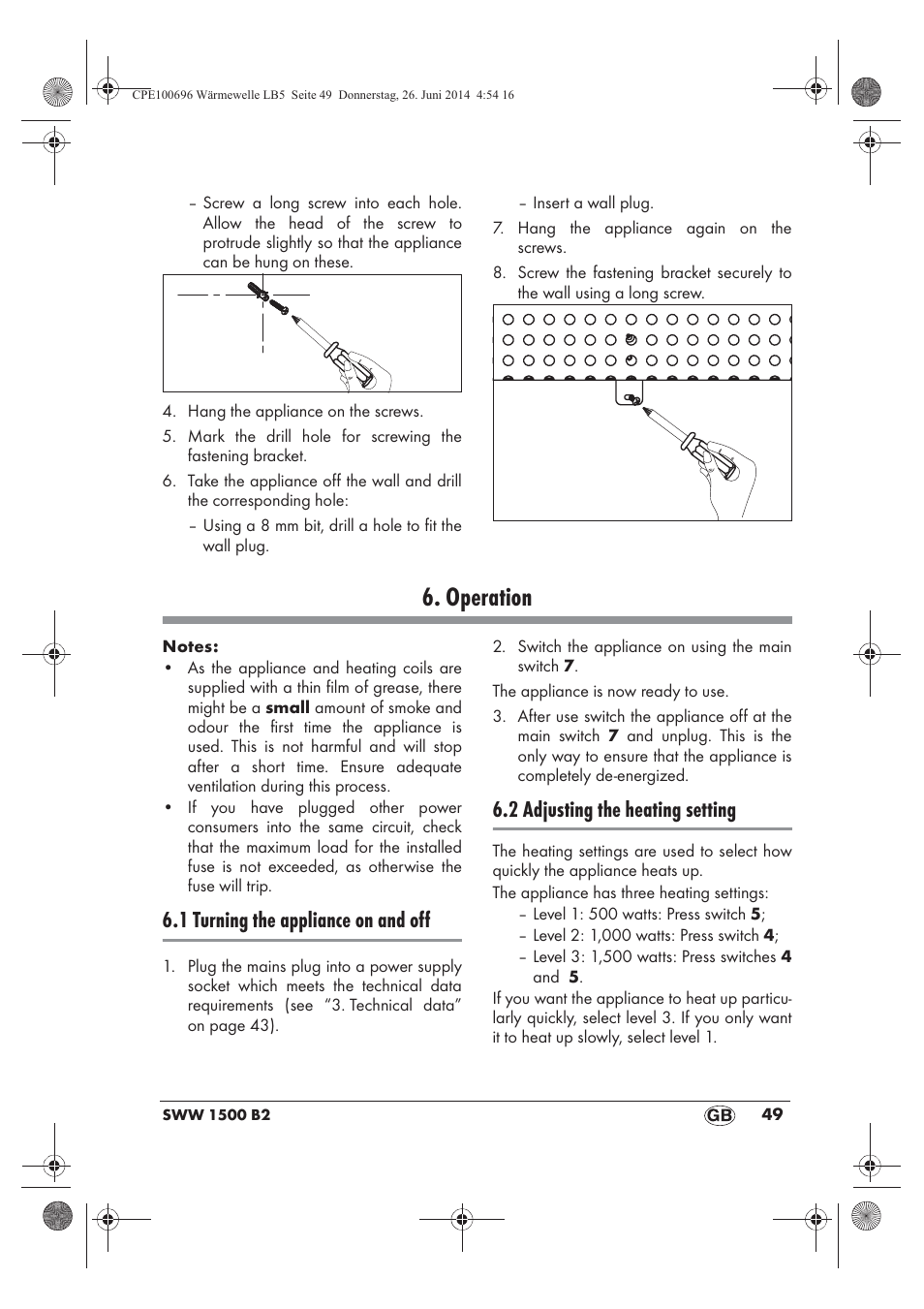 Operation, 1 turning the appliance on and off, 2 adjusting the heating setting | Silvercrest SWW 1500 B2 User Manual | Page 51 / 70