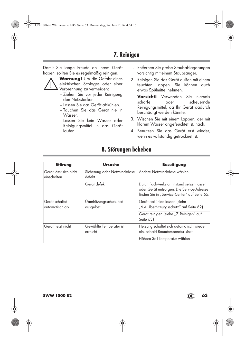 Reinigen, Störungen beheben | Silvercrest SWW 1500 B2 User Manual | Page 65 / 70