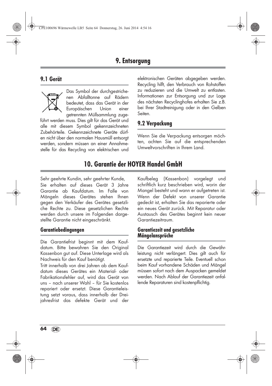 Entsorgung, Garantie der hoyer handel gmbh | Silvercrest SWW 1500 B2 User Manual | Page 66 / 70