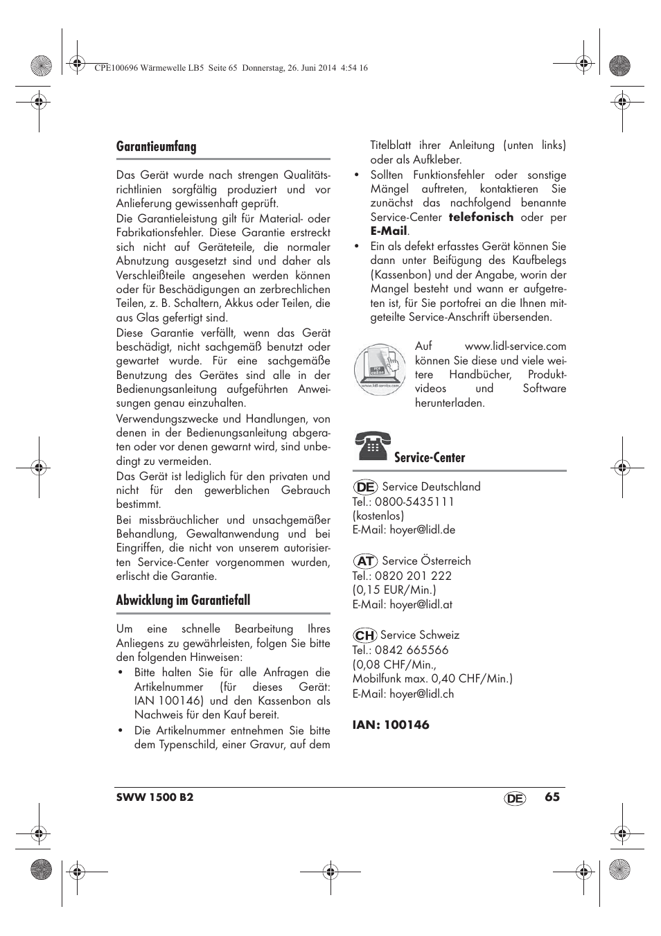 Garantieumfang, Abwicklung im garantiefall, Service-center | Silvercrest SWW 1500 B2 User Manual | Page 67 / 70