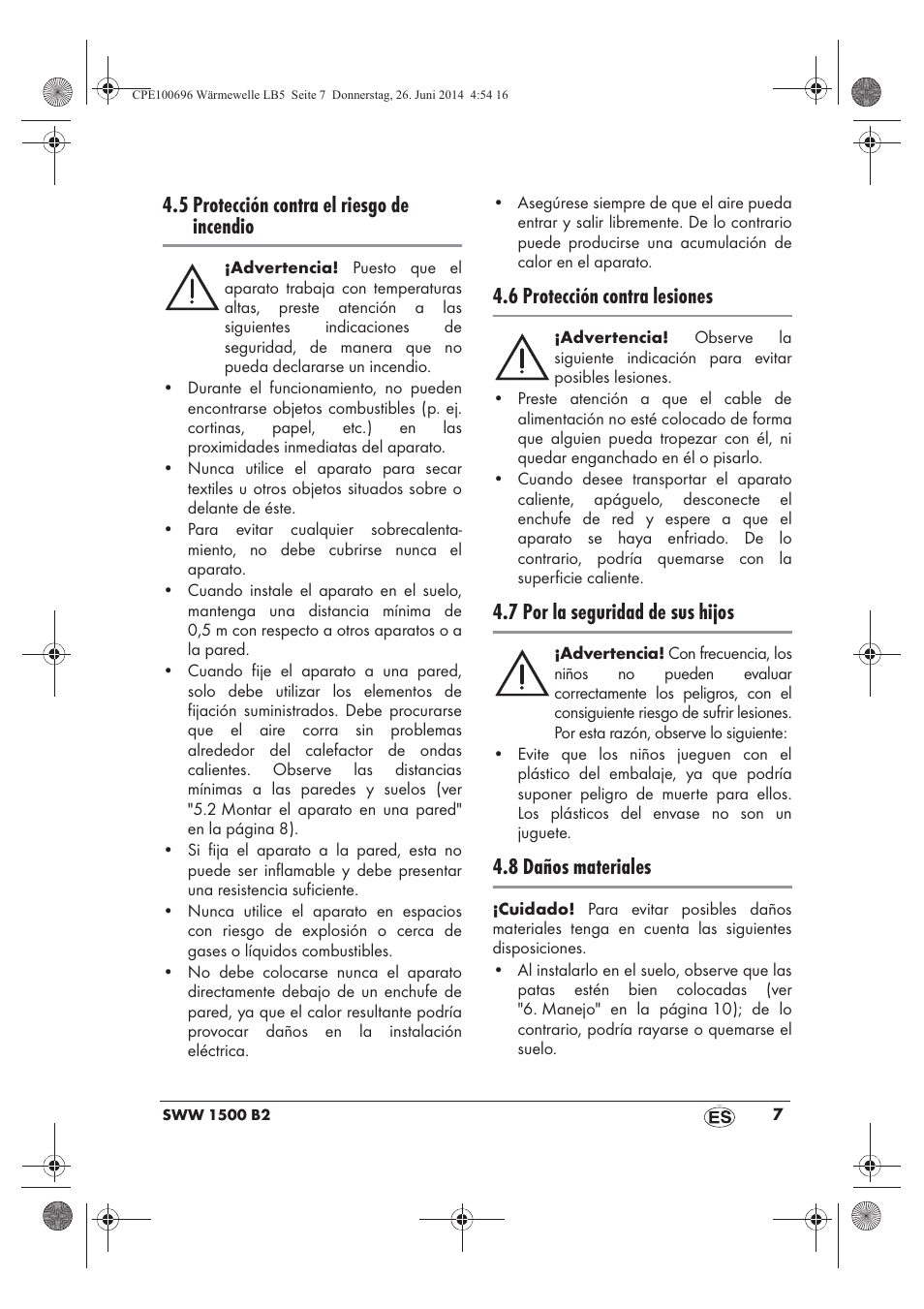 5 protección contra el riesgo de incendio, 6 protección contra lesiones, 7 por la seguridad de sus hijos | 8 daños materiales | Silvercrest SWW 1500 B2 User Manual | Page 9 / 70