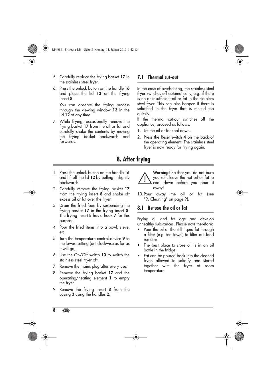 After frying, 1 thermal cut-out, 1 re-use the oil or fat | Silvercrest H-3246 User Manual | Page 10 / 94