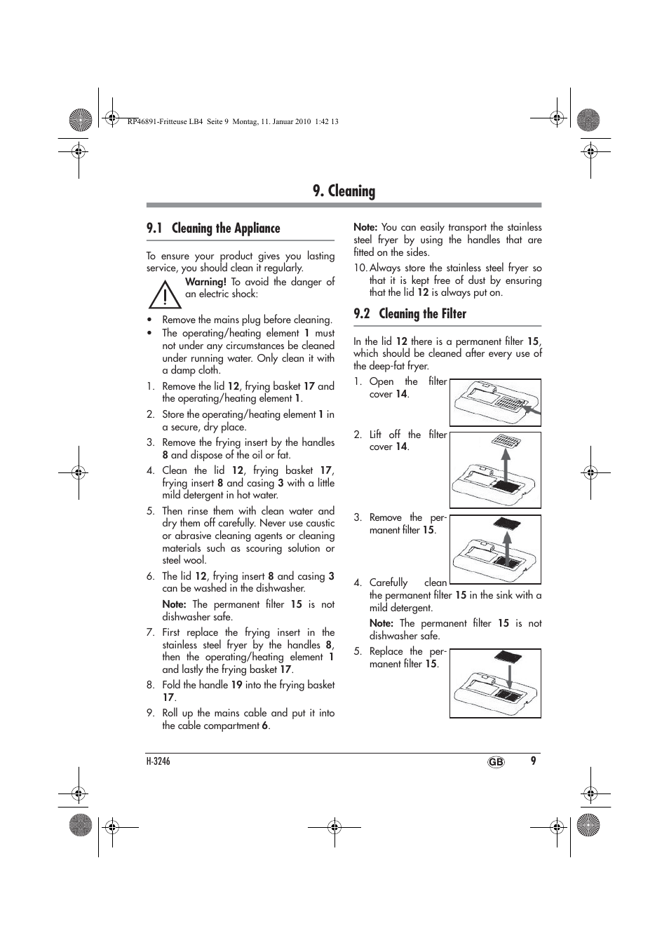 Cleaning, 1 cleaning the appliance, 2 cleaning the filter | Silvercrest H-3246 User Manual | Page 11 / 94