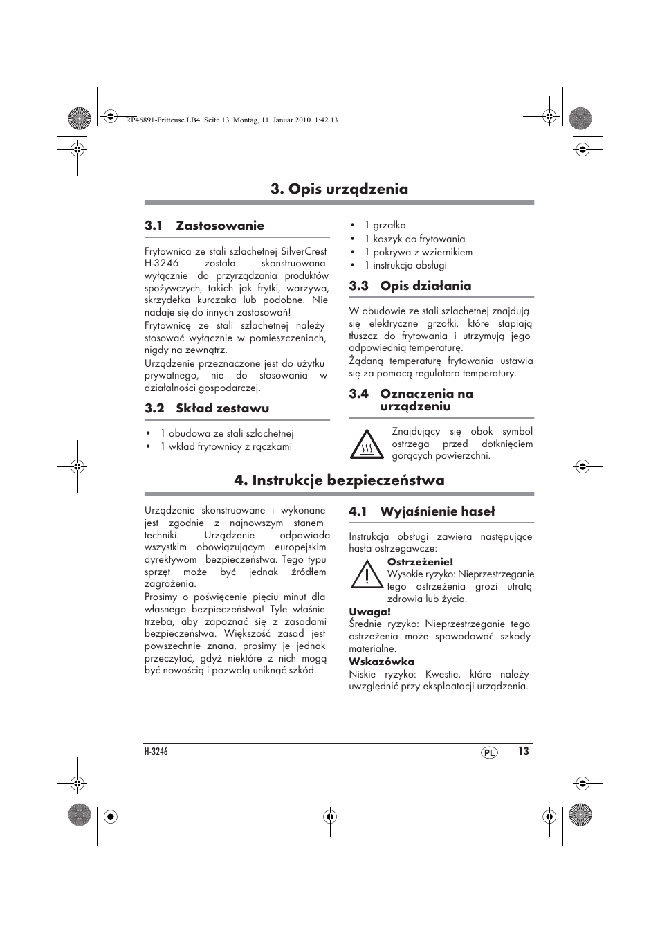 Opis urządzenia, Instrukcje bezpieczeństwa | Silvercrest H-3246 User Manual | Page 15 / 94