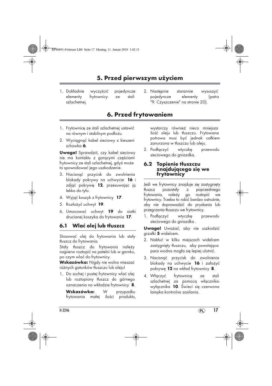 Przed pierwszym użyciem, Przed frytowaniem | Silvercrest H-3246 User Manual | Page 19 / 94