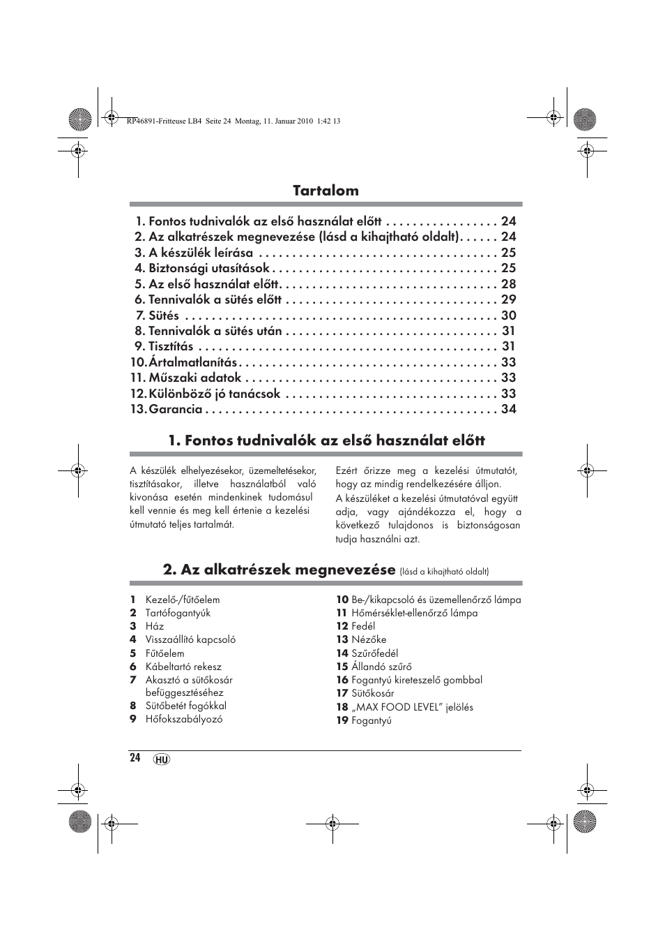 Tartalom, Fontos tudnivalók az első használat előtt, Az alkatrészek megnevezése | Silvercrest H-3246 User Manual | Page 26 / 94