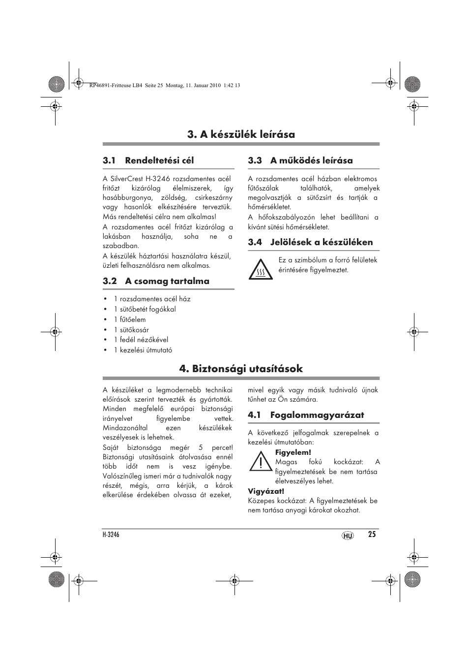 A készülék leírása, Biztonsági utasítások | Silvercrest H-3246 User Manual | Page 27 / 94