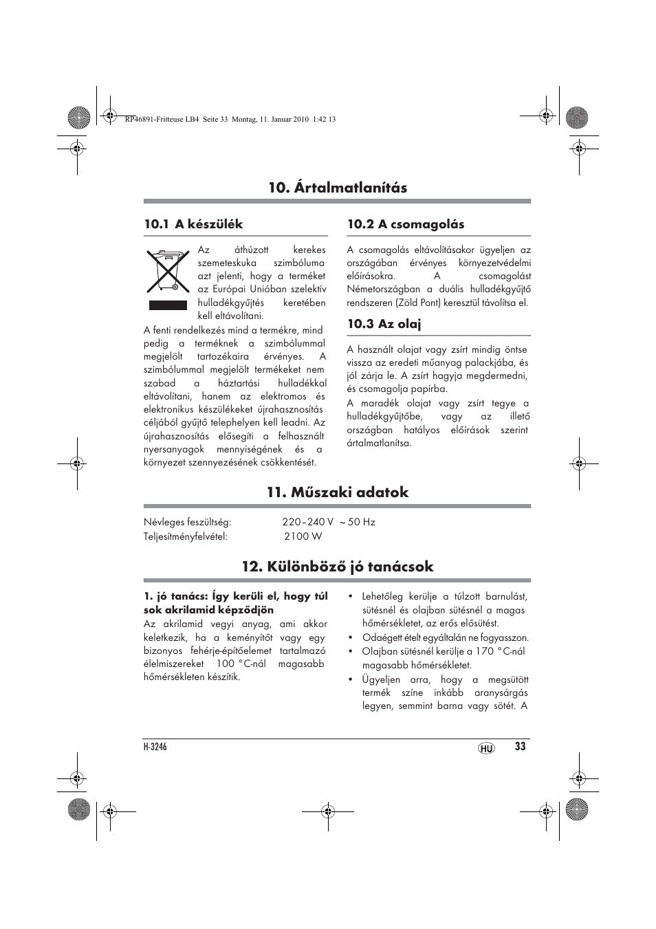 Ártalmatlanítás, Műszaki adatok, Különböző jó tanácsok | Silvercrest H-3246 User Manual | Page 35 / 94