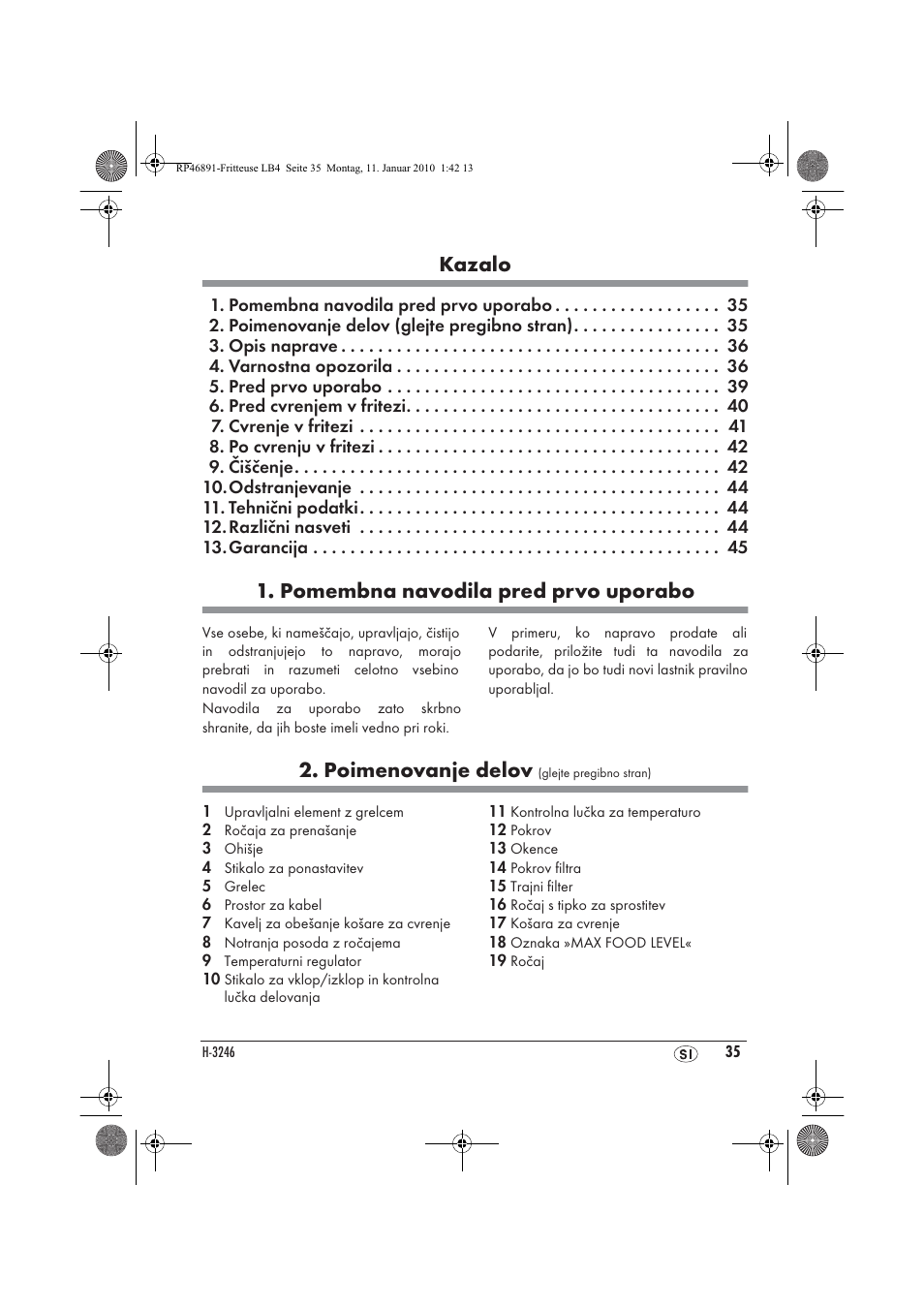 Kazalo, Pomembna navodila pred prvo uporabo, Poimenovanje delov | Silvercrest H-3246 User Manual | Page 37 / 94