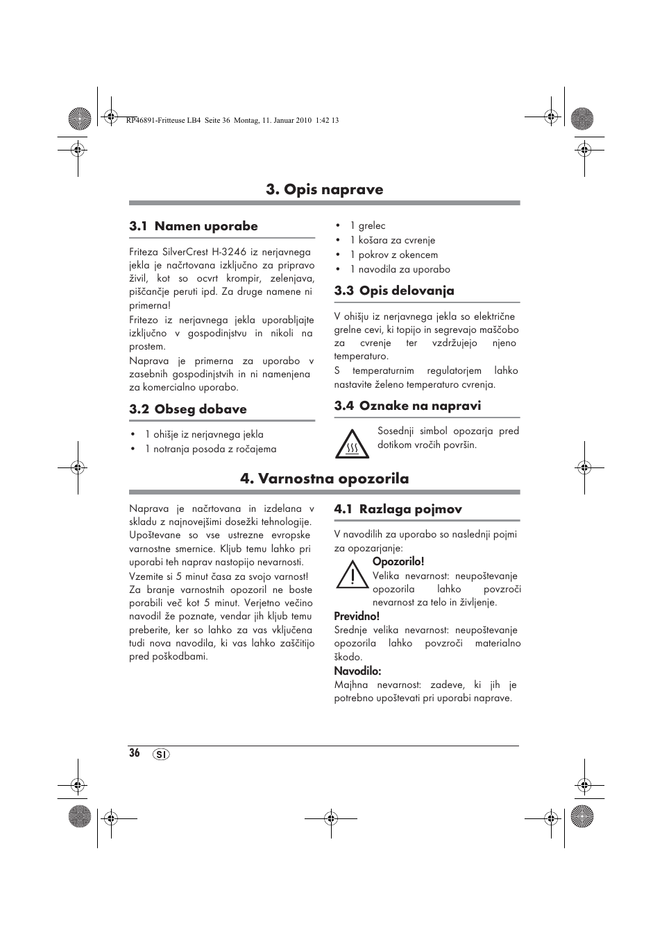 Opis naprave, Varnostna opozorila | Silvercrest H-3246 User Manual | Page 38 / 94