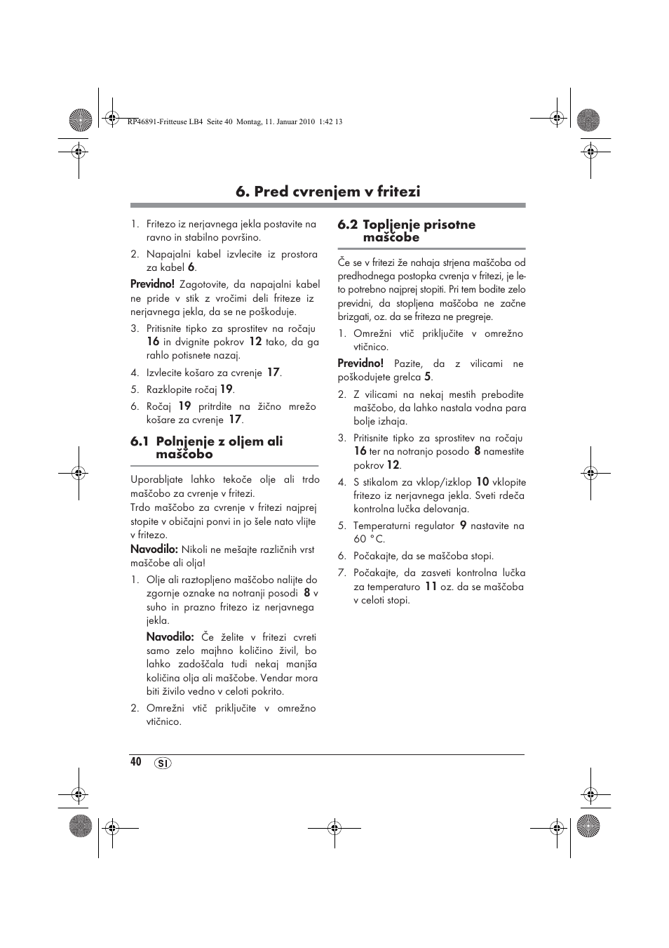 Pred cvrenjem v fritezi | Silvercrest H-3246 User Manual | Page 42 / 94