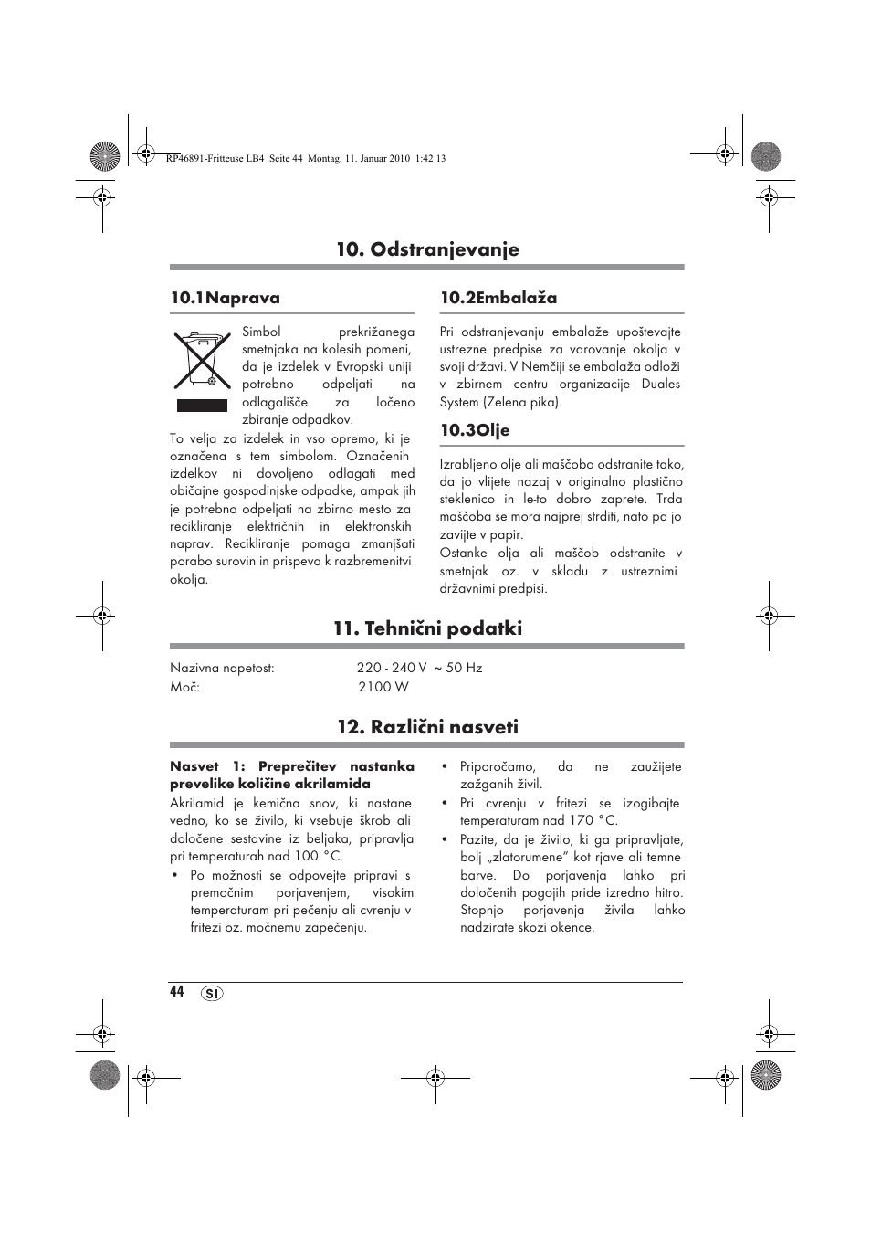 Odstranjevanje, Tehnični podatki, Različni nasveti | Silvercrest H-3246 User Manual | Page 46 / 94