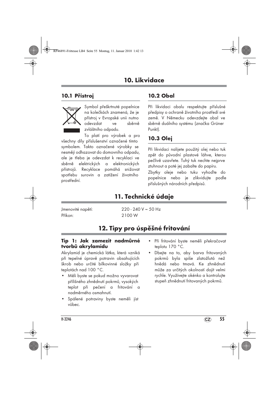 Likvidace, Technické údaje, Tipy pro úspěšné fritování | Silvercrest H-3246 User Manual | Page 57 / 94