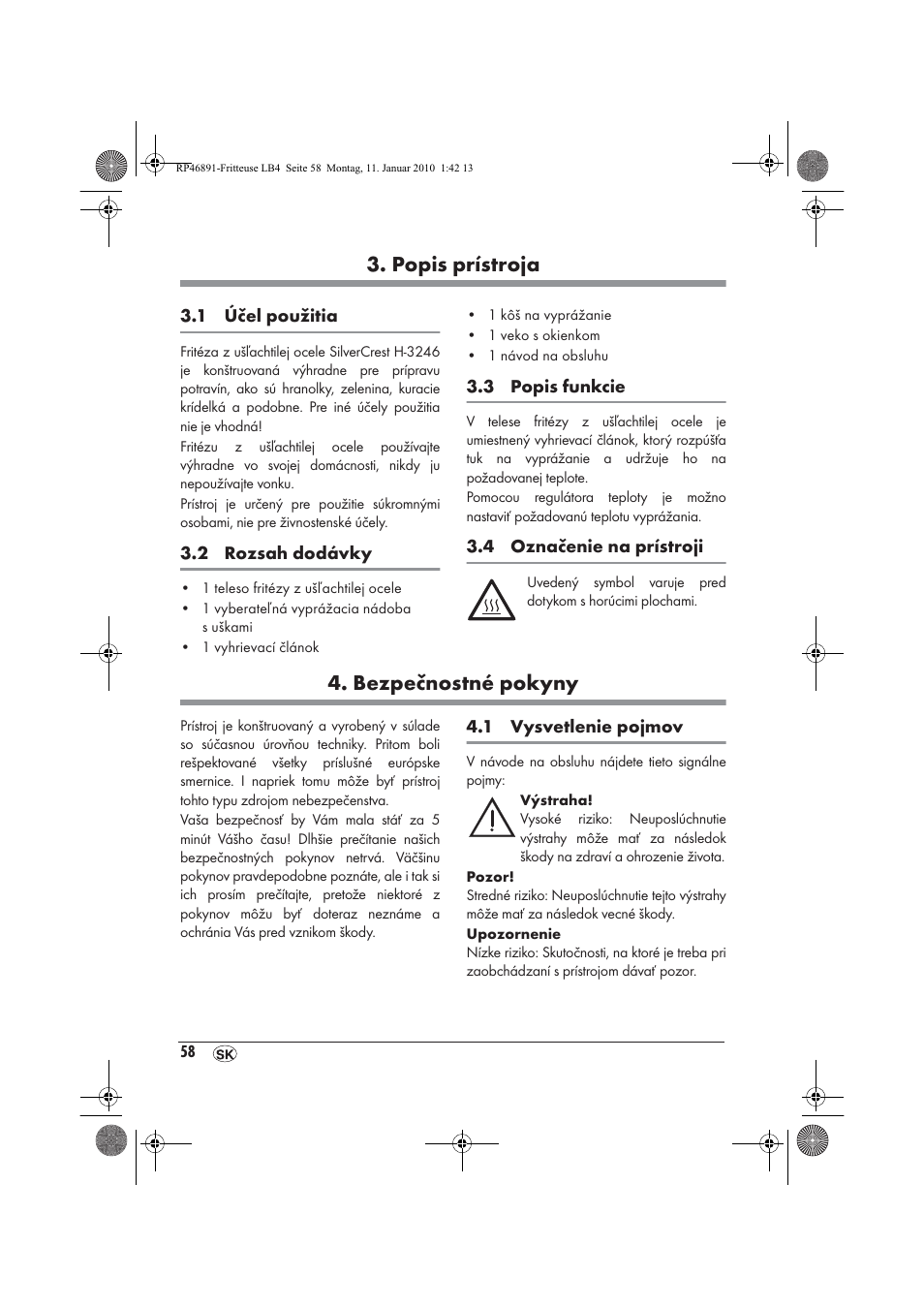 Popis prístroja, Bezpečnostné pokyny | Silvercrest H-3246 User Manual | Page 60 / 94