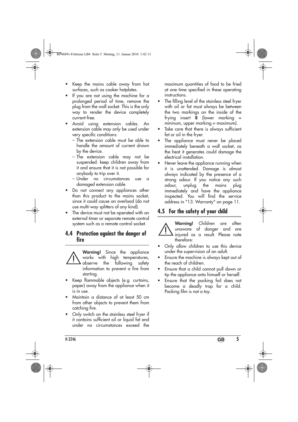 4 protection against the danger of ﬁre, 5 for the safety of your child | Silvercrest H-3246 User Manual | Page 7 / 94