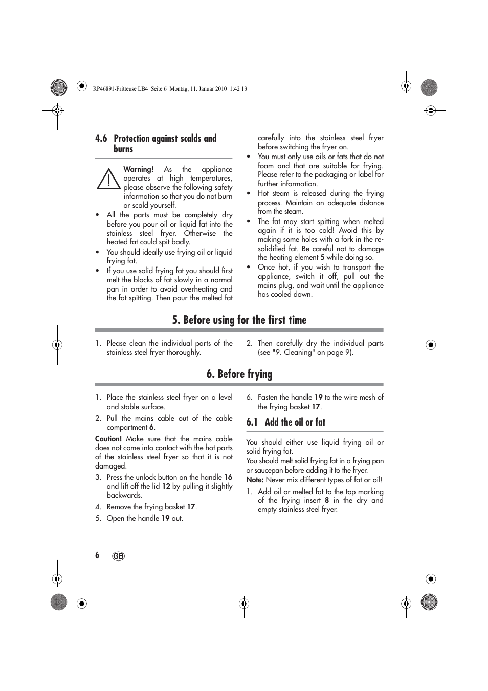 Before using for the ﬁrst time, Before frying, 6 protection against scalds and burns | 1 add the oil or fat | Silvercrest H-3246 User Manual | Page 8 / 94