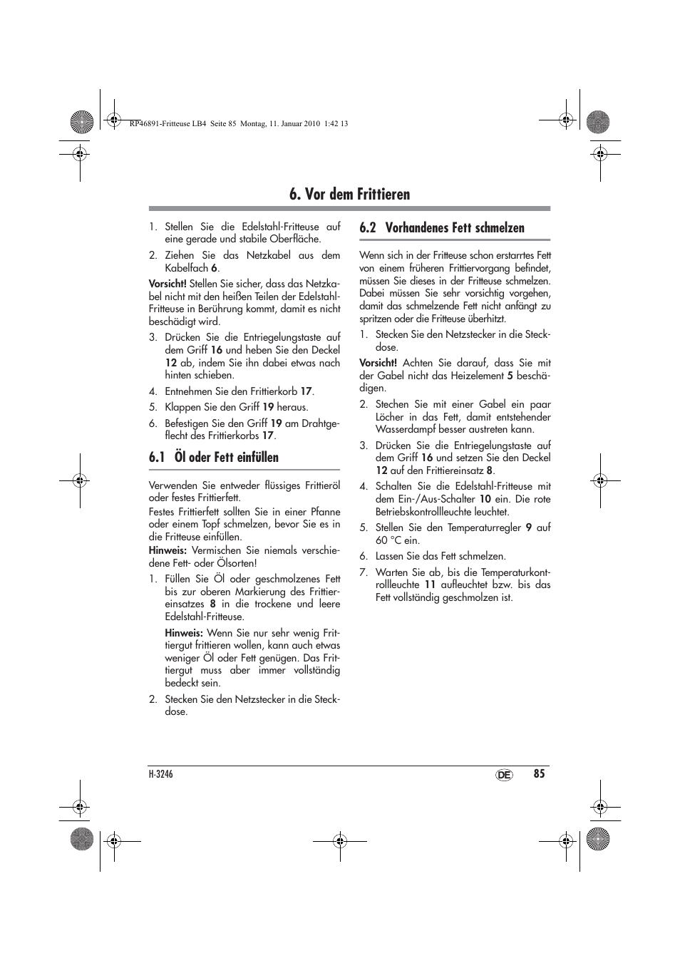 Vor dem frittieren, 1 öl oder fett einfüllen, 2 vorhandenes fett schmelzen | Silvercrest H-3246 User Manual | Page 87 / 94