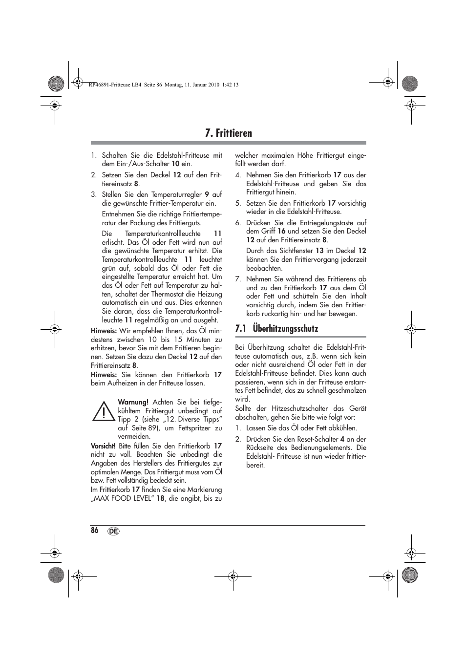 Frittieren, 1 überhitzungsschutz | Silvercrest H-3246 User Manual | Page 88 / 94