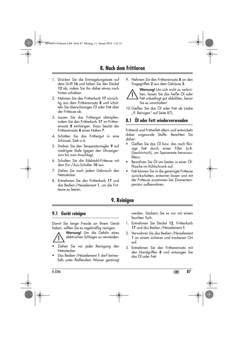 Nach dem frittieren, Reinigen, 1 öl oder fett wiederverwenden | 1 gerät reinigen | Silvercrest H-3246 User Manual | Page 89 / 94