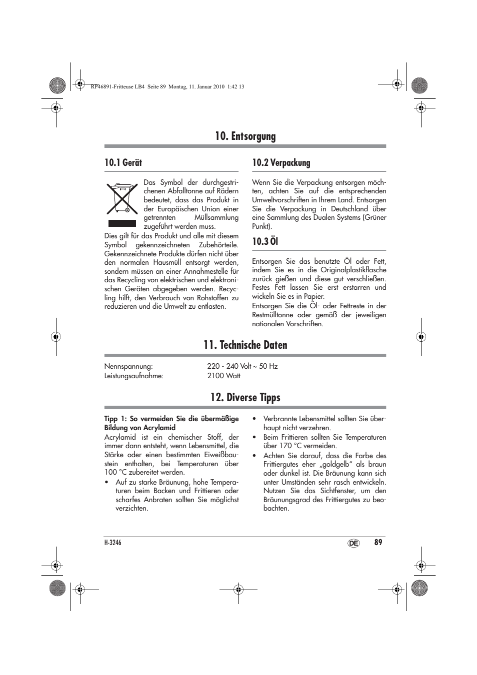 Entsorgung, Technische daten, Diverse tipps | 1 gerät, 2 verpackung, 3 öl | Silvercrest H-3246 User Manual | Page 91 / 94