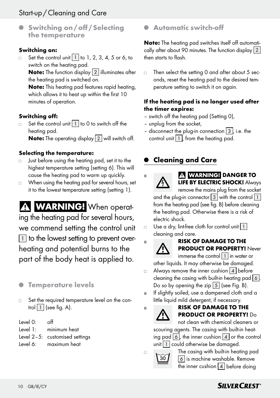 Start-up / cleaning and care, Switching on / off / selecting the temperature, Temperature levels | Automatic switch-off, Cleaning and care | Silvercrest SSK 100 A1 User Manual | Page 10 / 25
