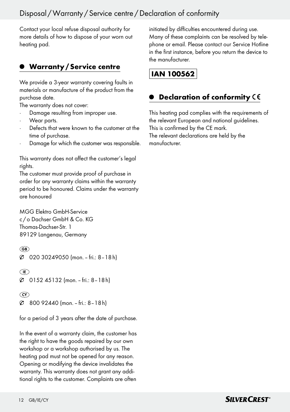 Πίνακας περιεχομένων, Warranty / service centre | Silvercrest SSK 100 A1 User Manual | Page 12 / 25