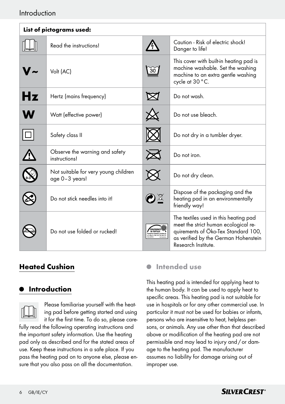 Introduction, Heated cushion introduction, Intended use | Silvercrest SSK 100 A1 User Manual | Page 6 / 25