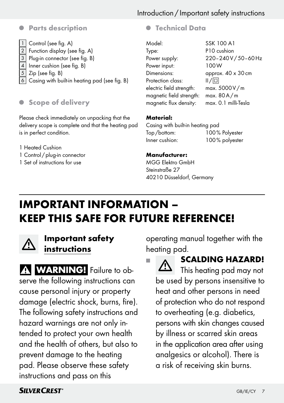 Introduction / important safety instructions | Silvercrest SSK 100 A1 User Manual | Page 7 / 25