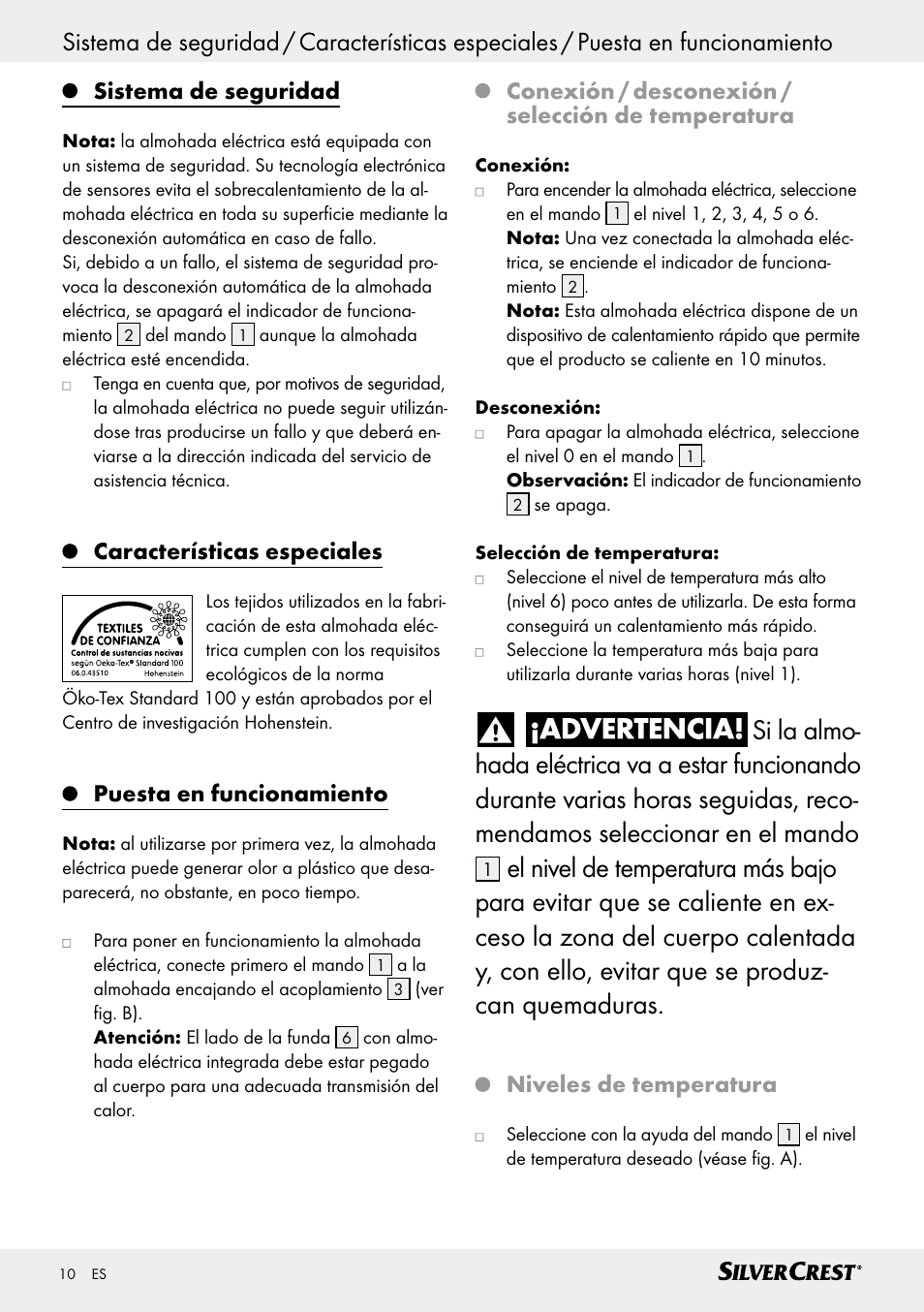 Sistema de seguridad, Características especiales, Puesta en funcionamiento | Conexión / desconexión / selección de temperatura, Niveles de temperatura | Silvercrest SSK 100 A1 User Manual | Page 10 / 45