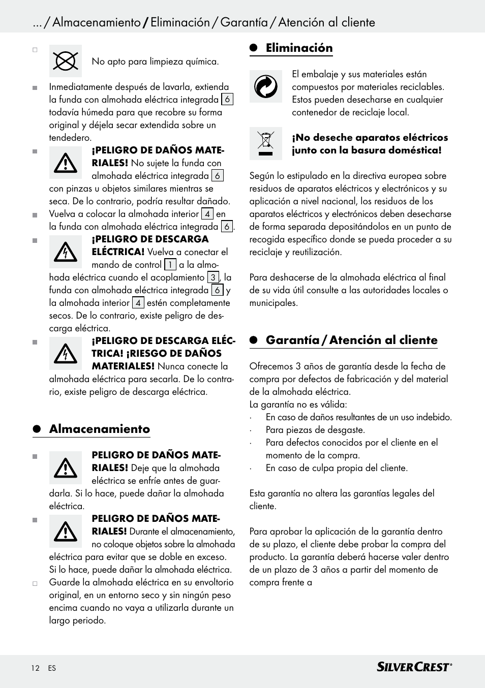 Eliminación / garantía / atención al cliente, Almacenamiento, Eliminación | Garantía / atención al cliente | Silvercrest SSK 100 A1 User Manual | Page 12 / 45