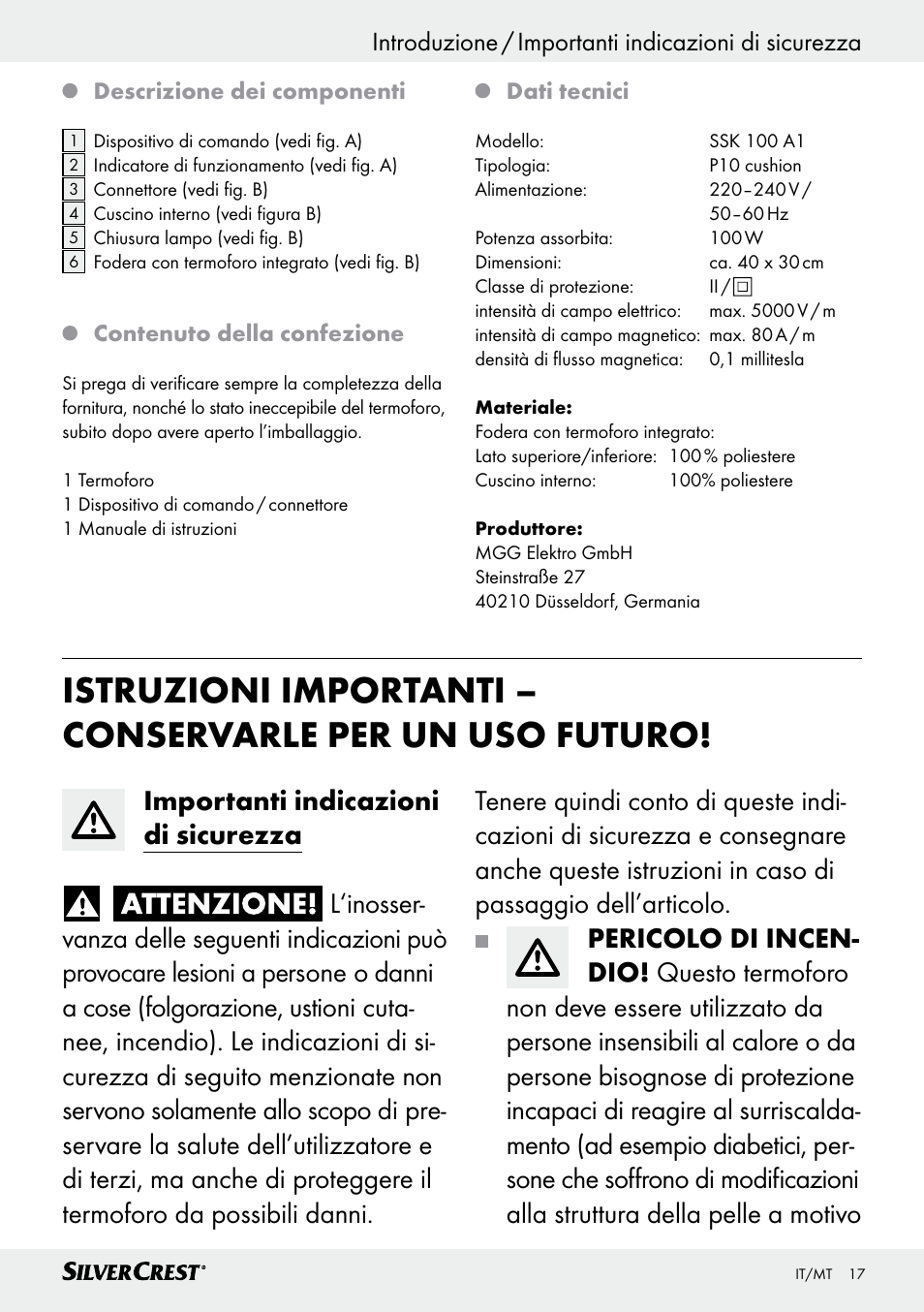 Introduzione / importanti indicazioni di sicurezza, Introduzione | Silvercrest SSK 100 A1 User Manual | Page 17 / 45