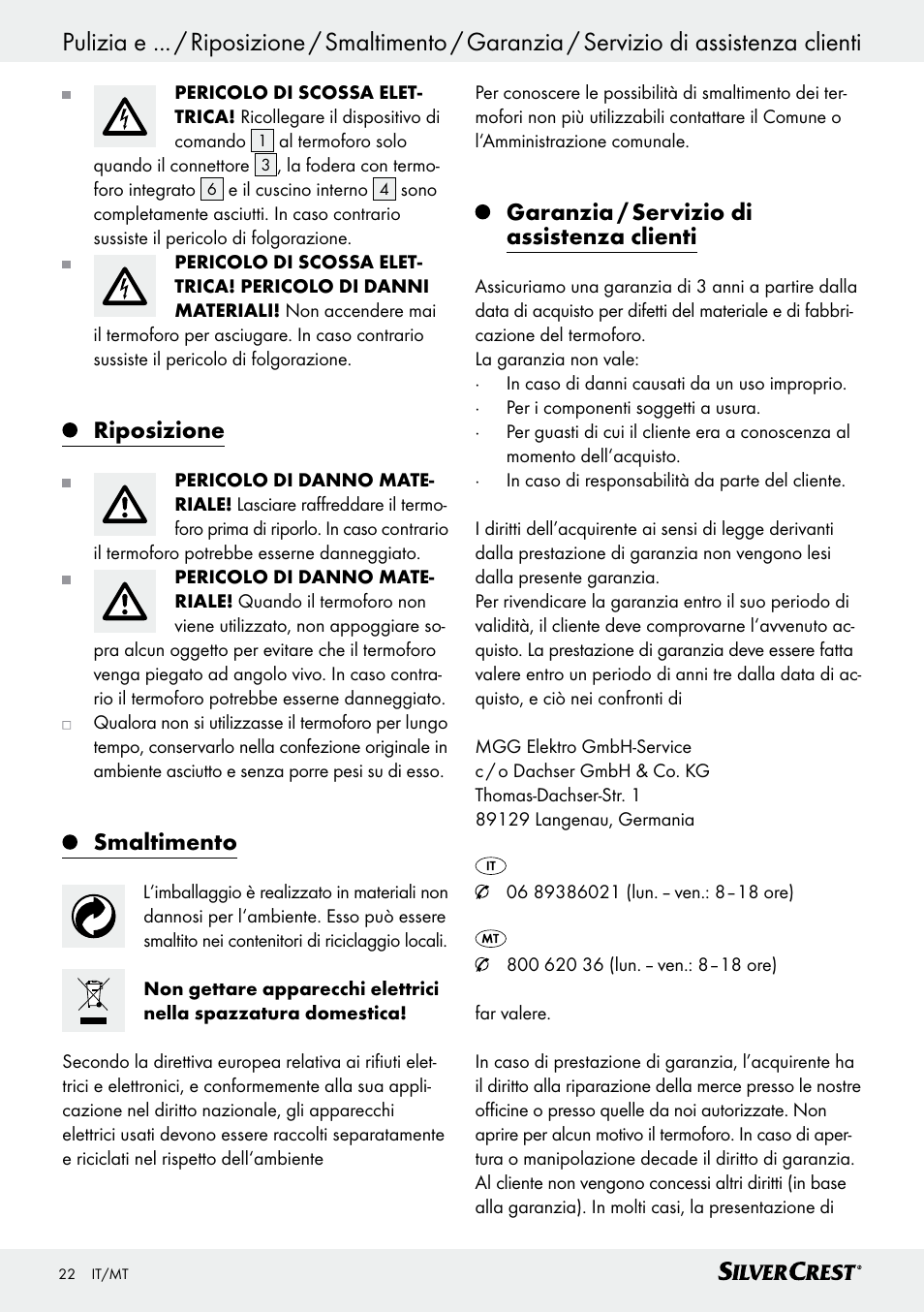 Riposizione, Smaltimento, Garanzia / servizio di assistenza clienti | Silvercrest SSK 100 A1 User Manual | Page 22 / 45
