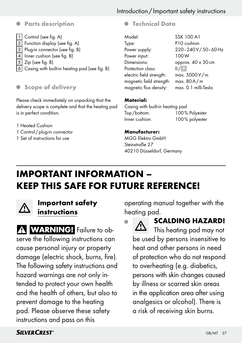 Introduction / important safety instructions, Introduction | Silvercrest SSK 100 A1 User Manual | Page 27 / 45