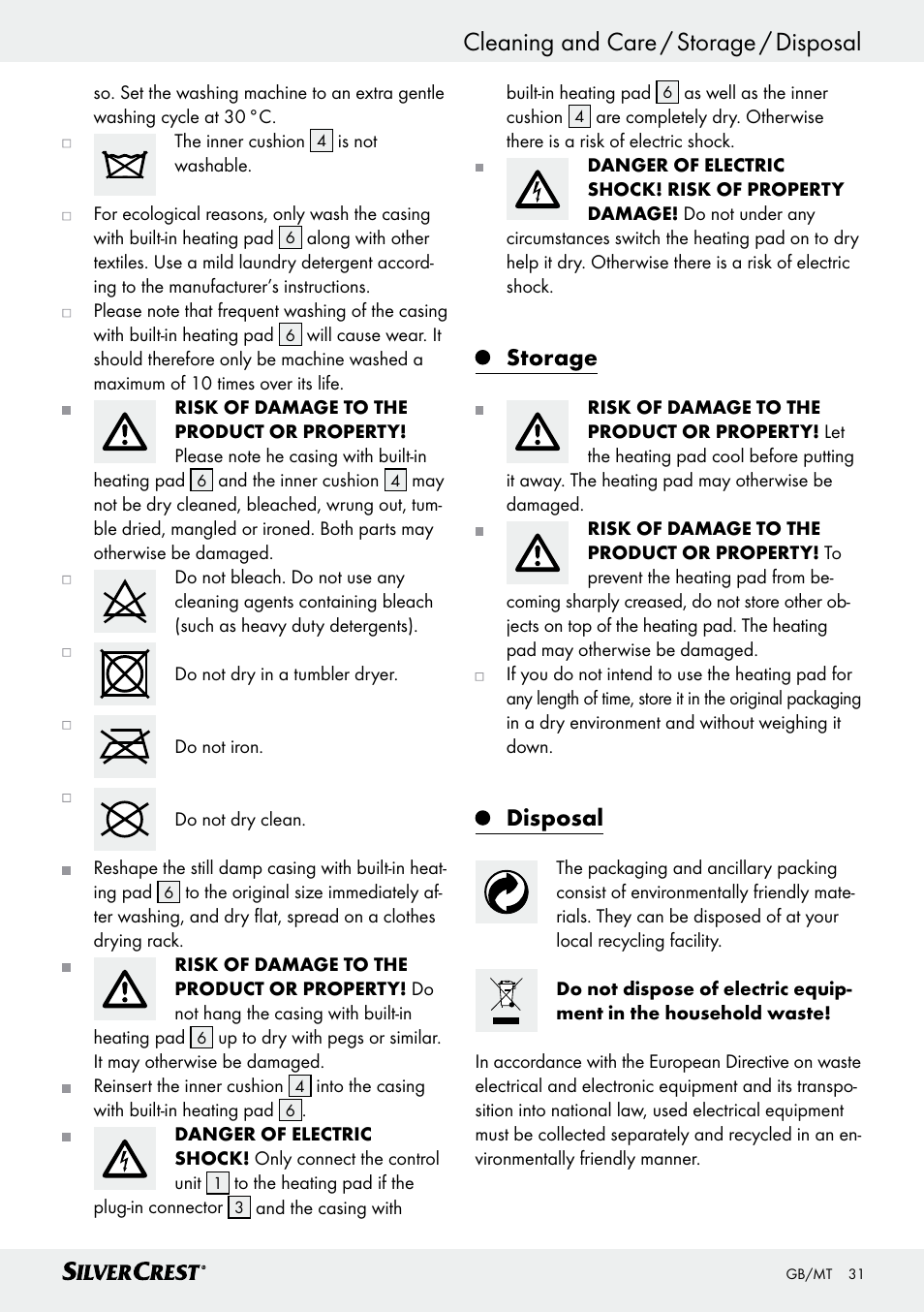 Cleaning and care / storage / disposal, Start-up / cleaning and care, Storage | Disposal | Silvercrest SSK 100 A1 User Manual | Page 31 / 45