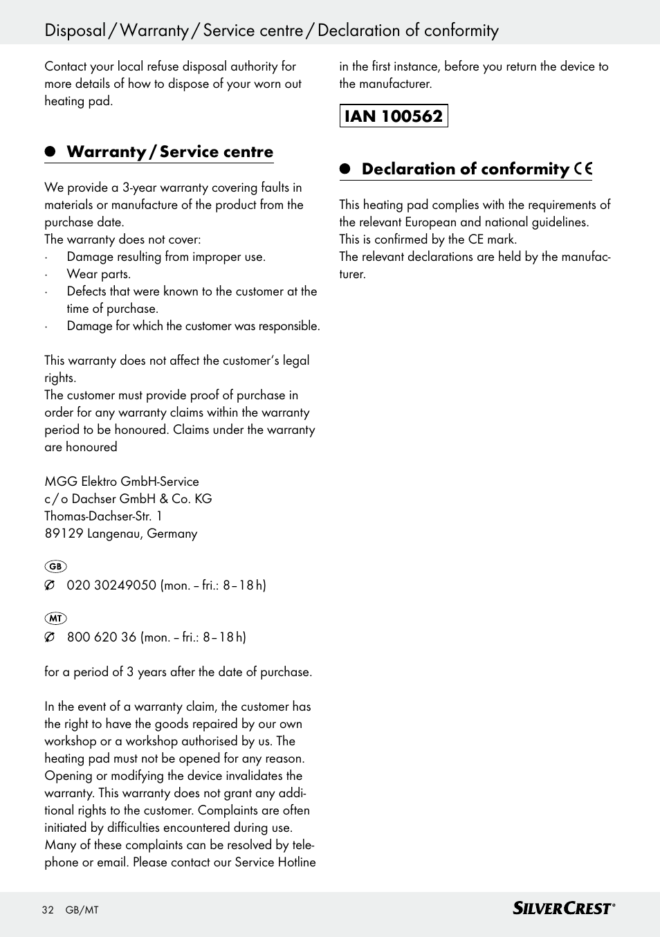 Warranty / service centre | Silvercrest SSK 100 A1 User Manual | Page 32 / 45