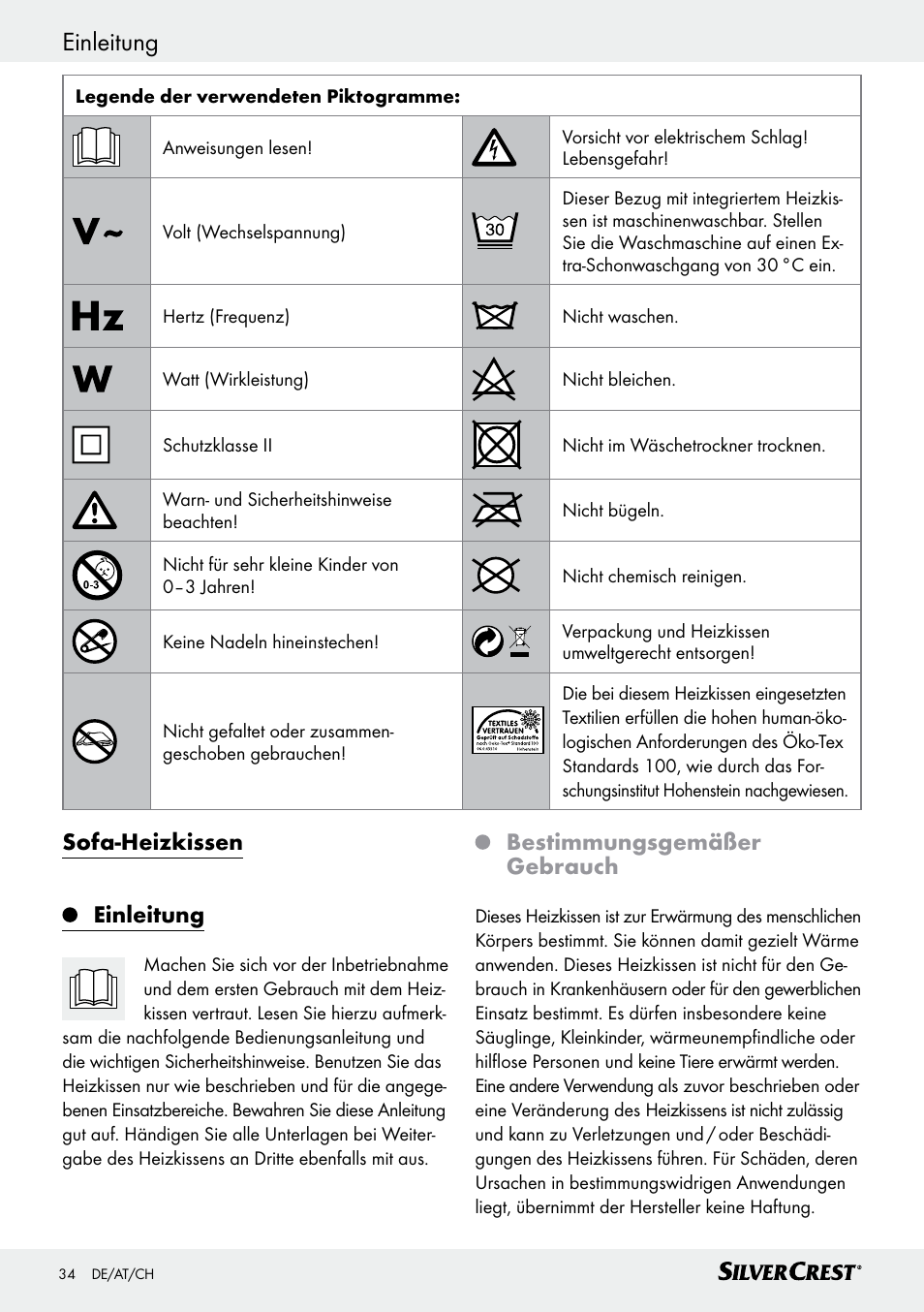 Sofa­heizkissen einleitung, Bestimmungsgemäßer gebrauch | Silvercrest SSK 100 A1 User Manual | Page 34 / 45